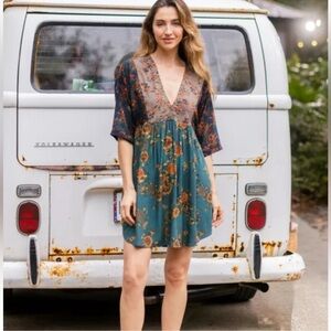 NATURAL LIFE Floral Teal and Navy Mini Dress